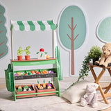 Teamson Kids Puesto de Mercado Vermont de Madera con Verduras, Pizarra, balanza, Cajas de jardín y Accesorios de Compra para niños