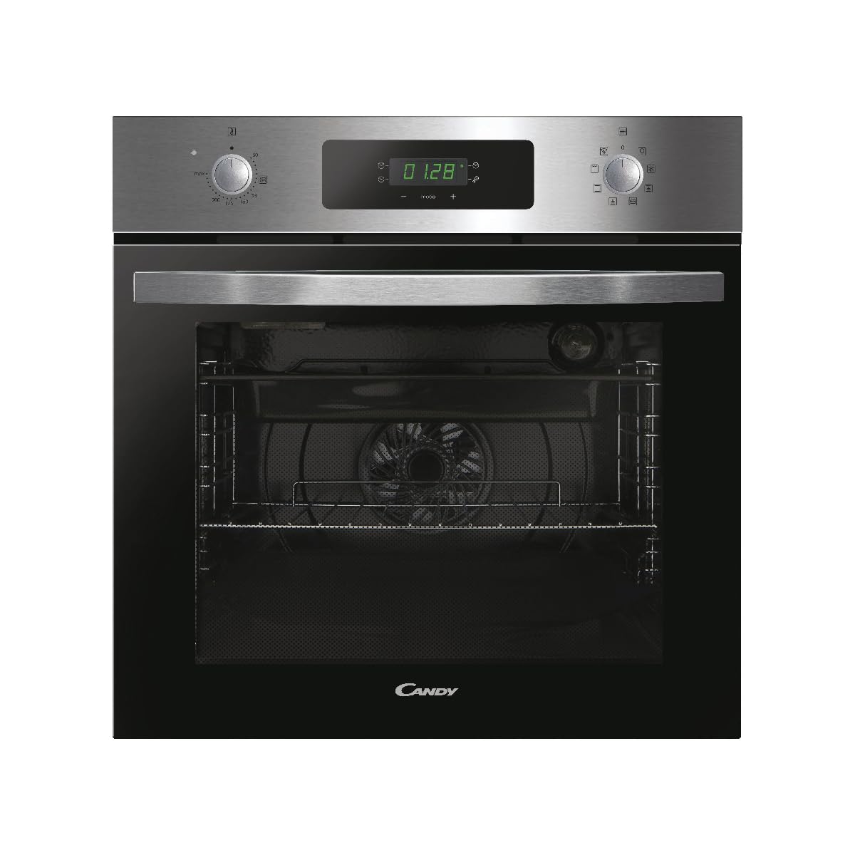 Candy Idea FIDC X605, Horno Multifunción, 65L, 2400W, 1 Bandeja y 2 Rejillas, Ventilador Radial, 9 Funciones, Temporizador, Display táctil, Puerta Doble Cristal Desmontable, Inox y Negro
