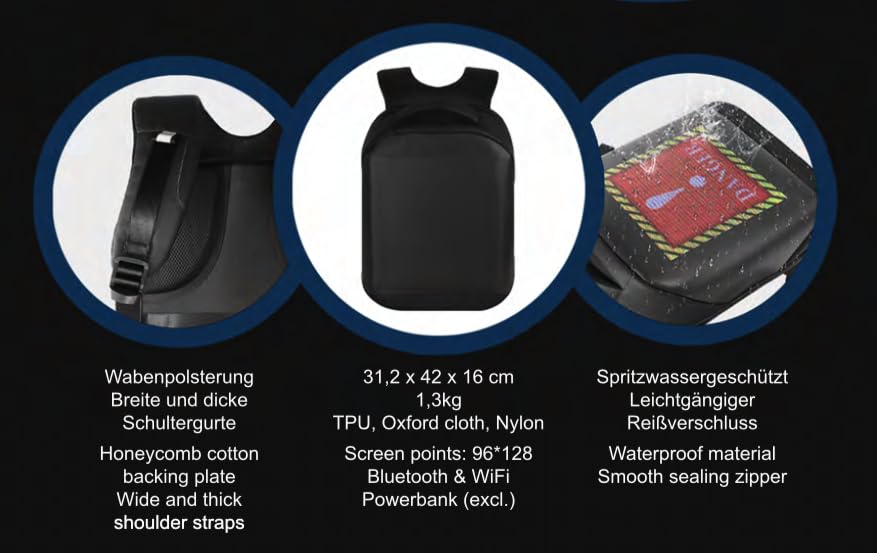 Technoline Mochila LED, mochila para ordenador portátil, mochila publicitaria, personalización, fuente, animación, imágenes, transferencia de datos a través de Bluethooth, control a través de la