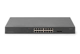 DIGITUS Conmutador de Red PoE de 19 Pulgadas - 16 Puertos Gigabit + 2 Puertos Gigabit SFP - No gestionado - VLAN - 250W PoE Power Budget - 10/100/1000 Mbit/s - Negro