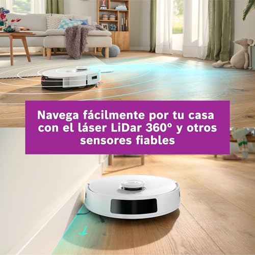 Bosch - Robot Aspirador Spotless +, BCRD1W, aspira y friega, Potencia 11.000 Pa², Almohadilla húmeda Fija, estación Seca, Sistema Inteligente de visión por Infrarrojos, Bosch Home Connect App, Blanco