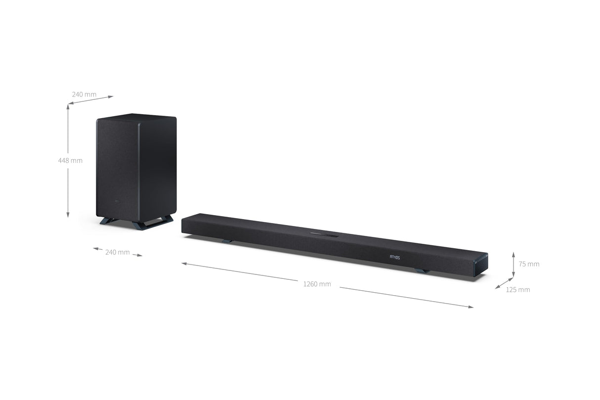 SHARP HT-SBW55121BK Soundbar 5.1.2 Dolby Atmos/DTS:X con subwoofer inalámbrico para un Sonido Envolvente 3D, Potencia máxima de 650W. Compatibles con Altavoces Traseros HT-SPR52021(BK)