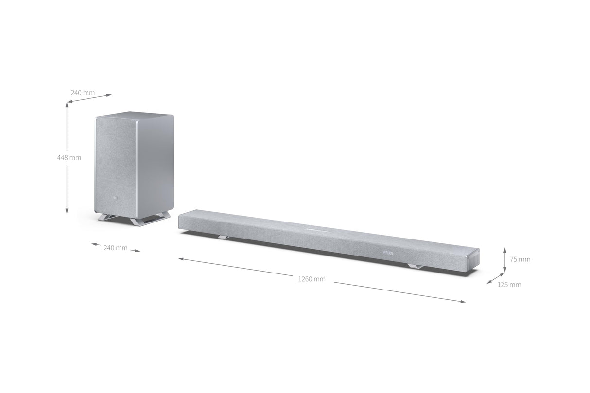 SHARP HT-SBW55121SL Soundbar 5.1.2 Dolby Atmos/DTS:X con subwoofer inalámbrico para un Sonido Envolvente 3D, Potencia máxima de 650W. Compatibles con Altavoces Traseros HT-SPR52021(SL)