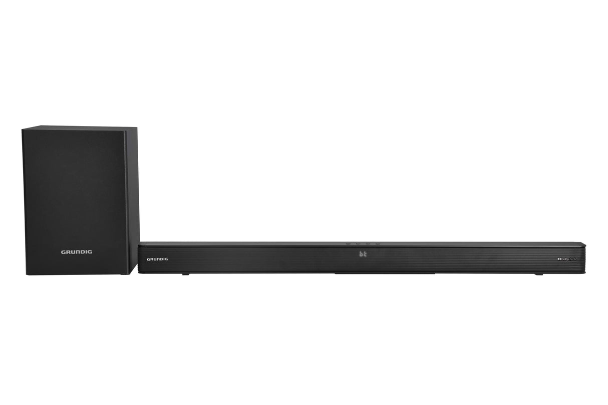 Grundig Barra de Sonido de 2,1 Bluetooth, 110W RMS Altavoz de Graves deportado SS Alambre, Encendido automático HDMI Arco, Óptico, Reproductor USB, Mando a Distancia, 92 x 6,5 x 9,5 cm, Negro