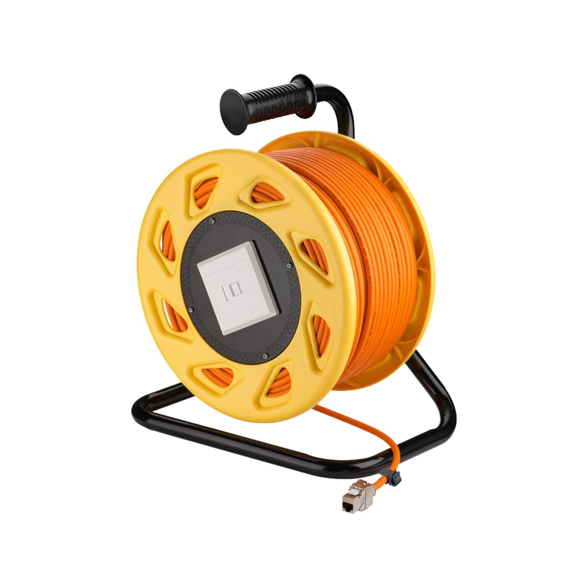 goobay 58934 Carrete de Cable de Red móvil Cat 7A S/FTP Incl. Conector RJ45 Keystone, apantallado en 2 Pliegues, sin halógenos, 1000MHz, 50m, Naranja