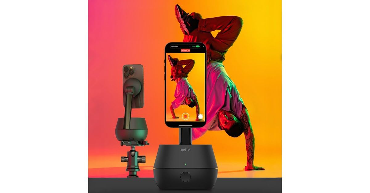 Belkin Soporte para móvil Pro con Seguimiento automático y DockKit, Cargador inalámbrica MagSafe de 15 W, rastreo 360°, integración iOS para iPhone 16, 15, 14, 13 y 12, Adaptador CA y Cable de 1,5 m