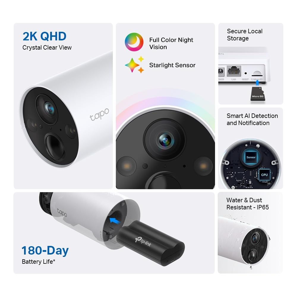 Tapo C420S1 – Cámara de vigilancia Wi-Fi para Exteriores inalámbrica con batería Recargable, resolución 2K, visión Nocturna, Audio bidireccional, IP65 a Prueba de Agua