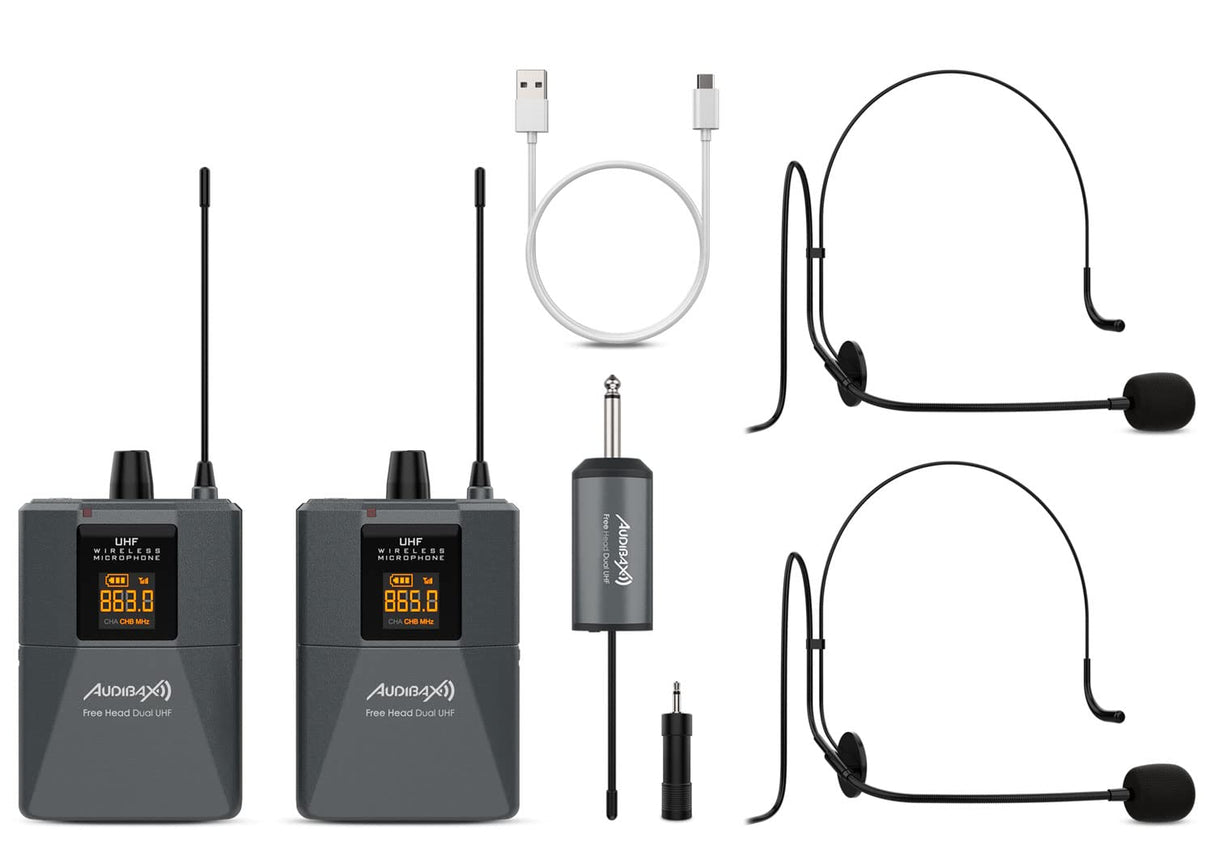 Audibax Missouri Free Head Dual UHF Sistema de Micrófono de Diadema con Receptor Recargable