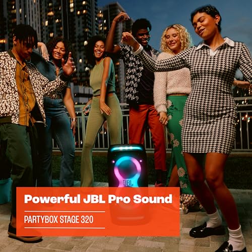 JBL PartyBox Stage 320, Altavoz portátil para fiestas, con asa telescópica y ruedas, Bluetooth, espectáculo de luces, resistente a salpicaduras IPX4, hasta 18h de reproducción, negro