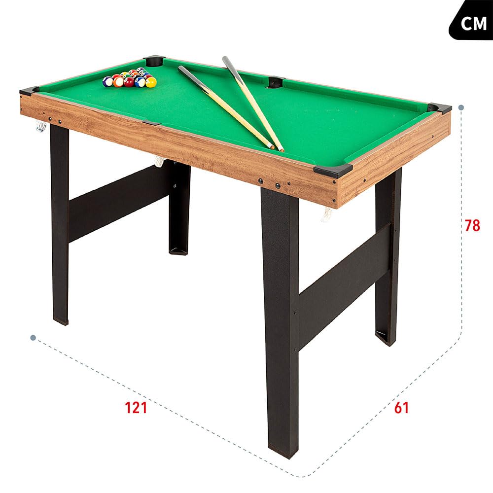 ColorBaby 85434 Mesa de Billar Americano para niños y Adultos, 121x61x70 cm, De Madera Resistente, Incluye 2 Tacos, 16 Bolas, 1 Tiza, 1 Cepillo y 1 triángulo, 2-4 Jugadores, 6 años y mas