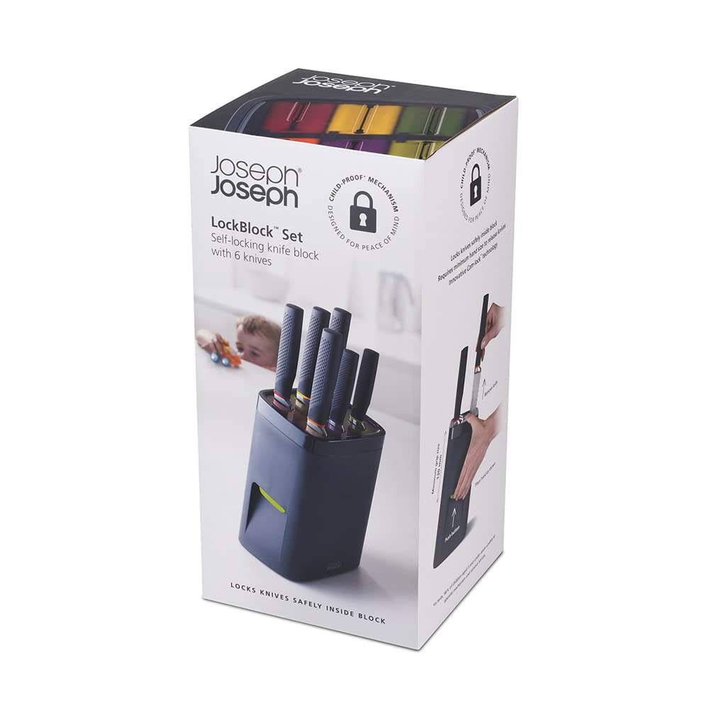 Joseph Joseph LockBlock, Bloque de Cuchillos con cierre automático y 6 cuchillos de acero inoxidable, negro