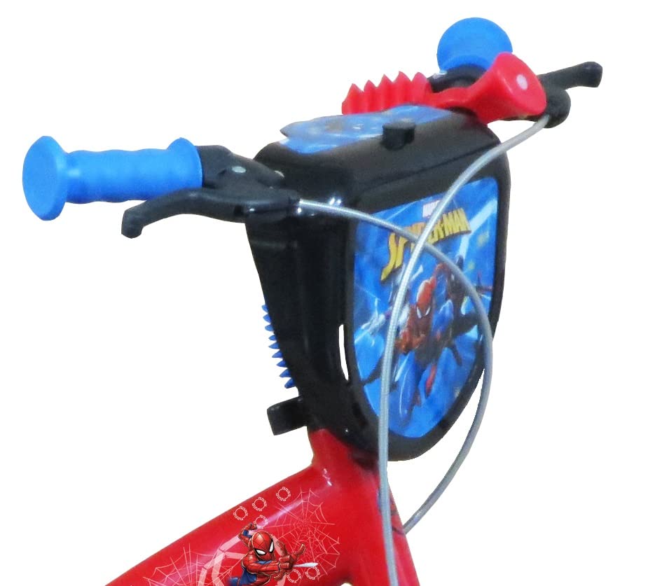 ATLAS Bicicleta de 12 Pulgadas Spiderman Equipada con 2 Frenos, Placa Delantera Decorativa, Guardabarros, cárter y estabilizadores + bidón y portabidón Trasero, Niños, Rojo/Azul, 12''