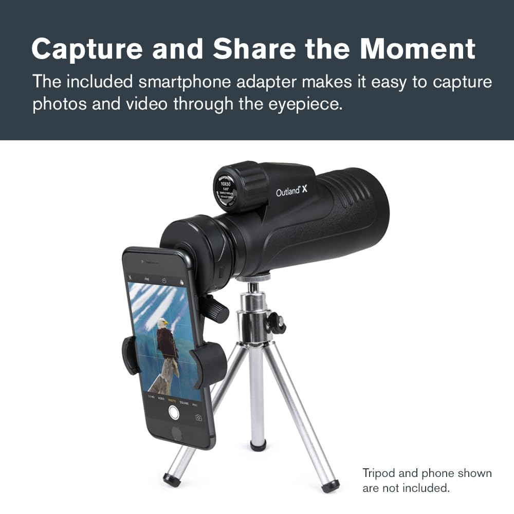 Celestron 72370 Outland X Monocular Resistente Agua 10x50 y Adaptador Smartphone, Bluetooth Remoto, Tapas oculares y Funda - Carcasa Resistente, Prisma BaK-4 y óptica Revestimiento múltiple, Negro