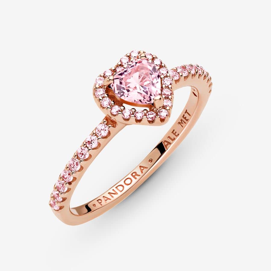 Pandora Timeless Anillo con diseño de corazón chapado en oro rosa de 14 quilates con cristal rosa orquídea y elegante circonita cúbica rosa fantasía, talla 56