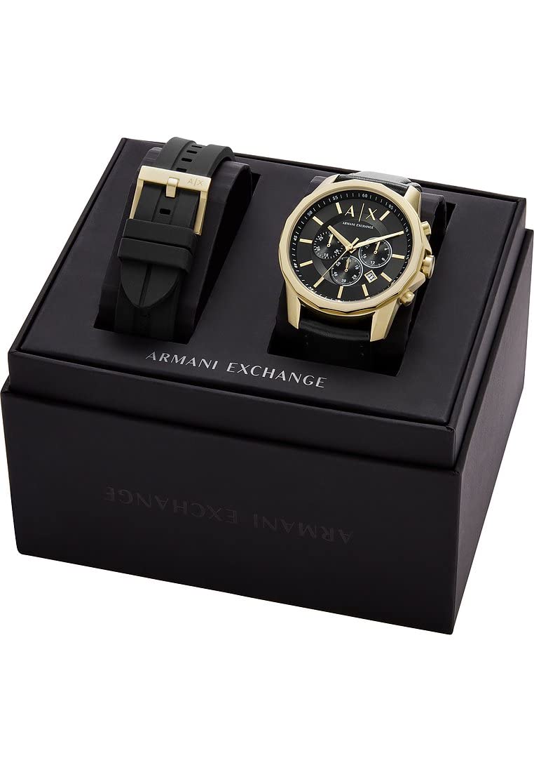 Armani Exchange Reloj hombre, movimiento cronógrafo cuarzo y caja 44mm con correa piel, Negro y dorado