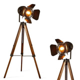 BarcelonaLED Lámpara de Pie Trípode Madera con Foco Proyector Negro Cable Tela Roja Vintage Retro Industrial Náutica Cinema para Salón Estudio E27