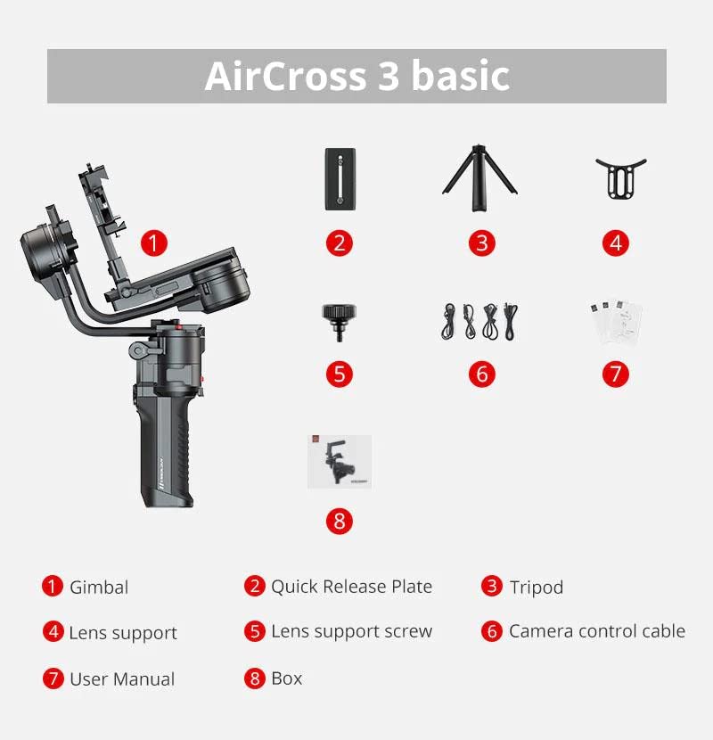 Moza Aircross 3 - Estabilizador de cardán Plegable electrónico de 3 Ejes para cámaras sin Espejo (Carga útil máxima (3,2 kg/7 Libras), Color Negro -Apto para Canon, Sony, Nikon y más cámaras