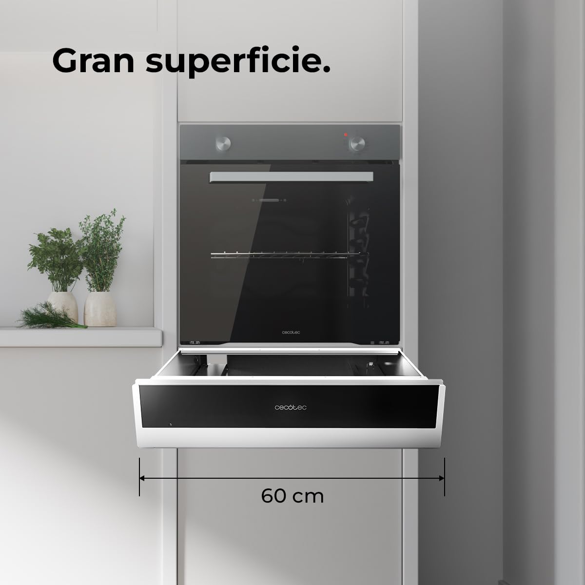 Cecotec Cajón Calientaplatos Integrable 60cm Bolero Hexa WD Edge. 470W Potencia Máxima, Temperatura Ajustable 30-80º, Control Mecánico, Alfombra Antideslizante Interior, Negro e INOX