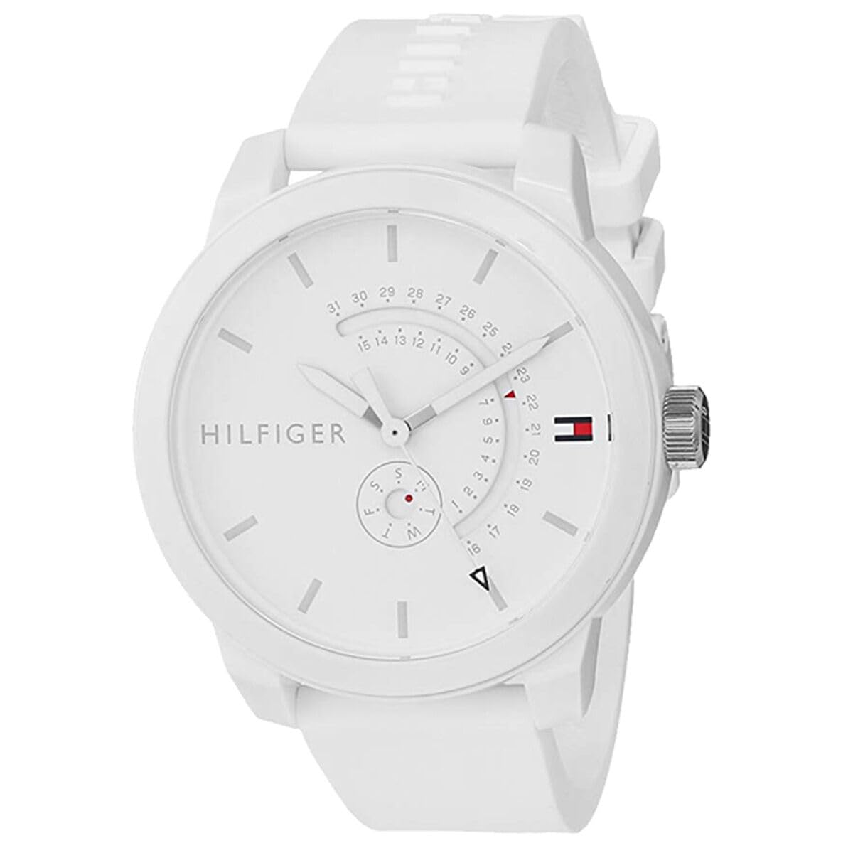 Tommy Hilfiger Reloj Analógico de Cuarzo para Hombre - Esfera Blanca, Correa de Silicona Blanca, Funciones de Día & Fecha, Caja de 44 mm, Resistente al Agua 3ATM - 1791481