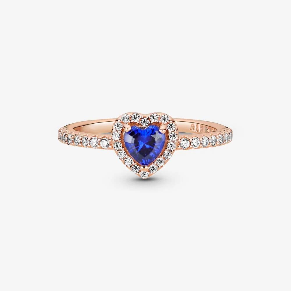 Pandora Timeless Anillo con diseño de corazón chapado en oro rosa de 14 quilates con circonitas cúbicas transparentes y cristal azul crepúsculo, talla 48