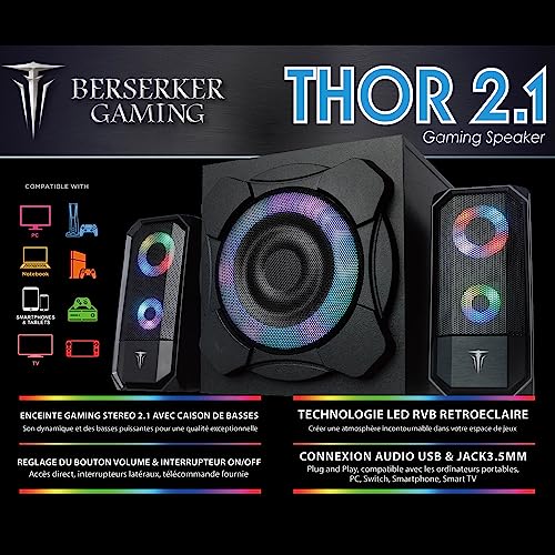 BERSERKER Thor Altavoces 2.1 con Iluminación RGB, 55W RMS, Bluetooth/USB/AUX, Negro