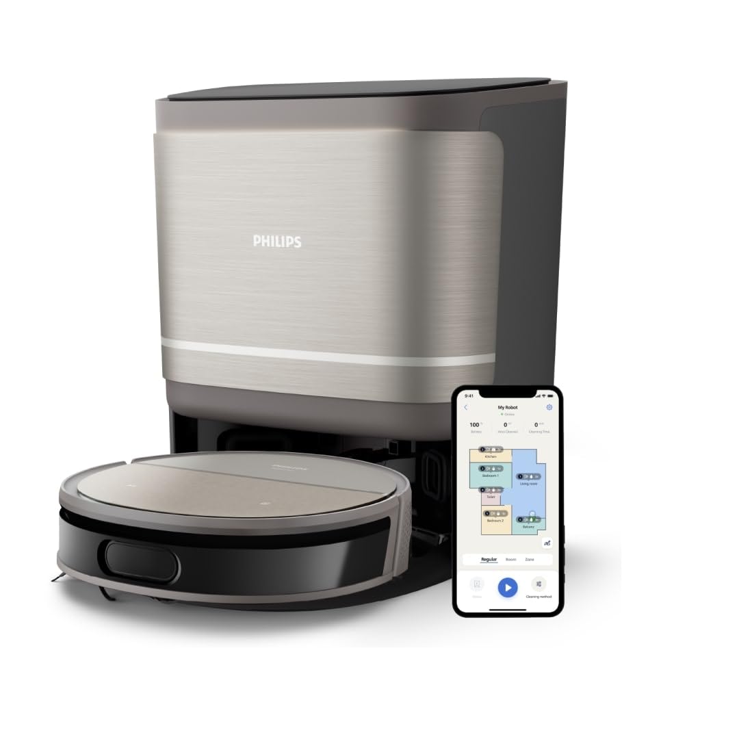 Philips Serie 9000 Robot Aspirador y Friegasuelos - Succión Ultra Fuerte, friega con Agua, estación Todo en uno, detección de obstáculos, Control Mediante App (XU9100/10)