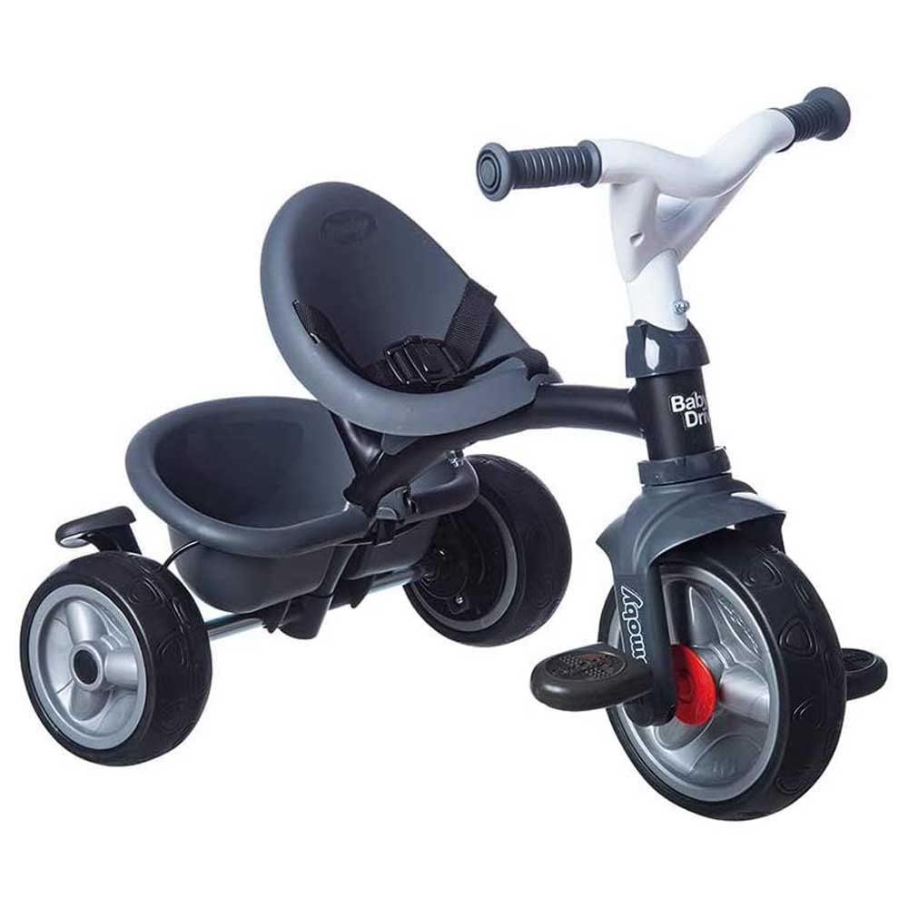 Smoby- Triciclo Baby Driver Confort Plus Gris, Evolutivo, Bastidor Metálico, con Barra de Empuje Parental, A Partir de 10 Meses