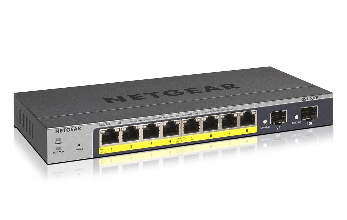 NETGEAR Switch PoE Gigabit Ethernet Smart de 10 Puertos GS110TP |Gestionado con 8X PoE+ a 55W, 2X 1G SFP |Gestión Insight Opcional |Montaje de sobremesa o Pared