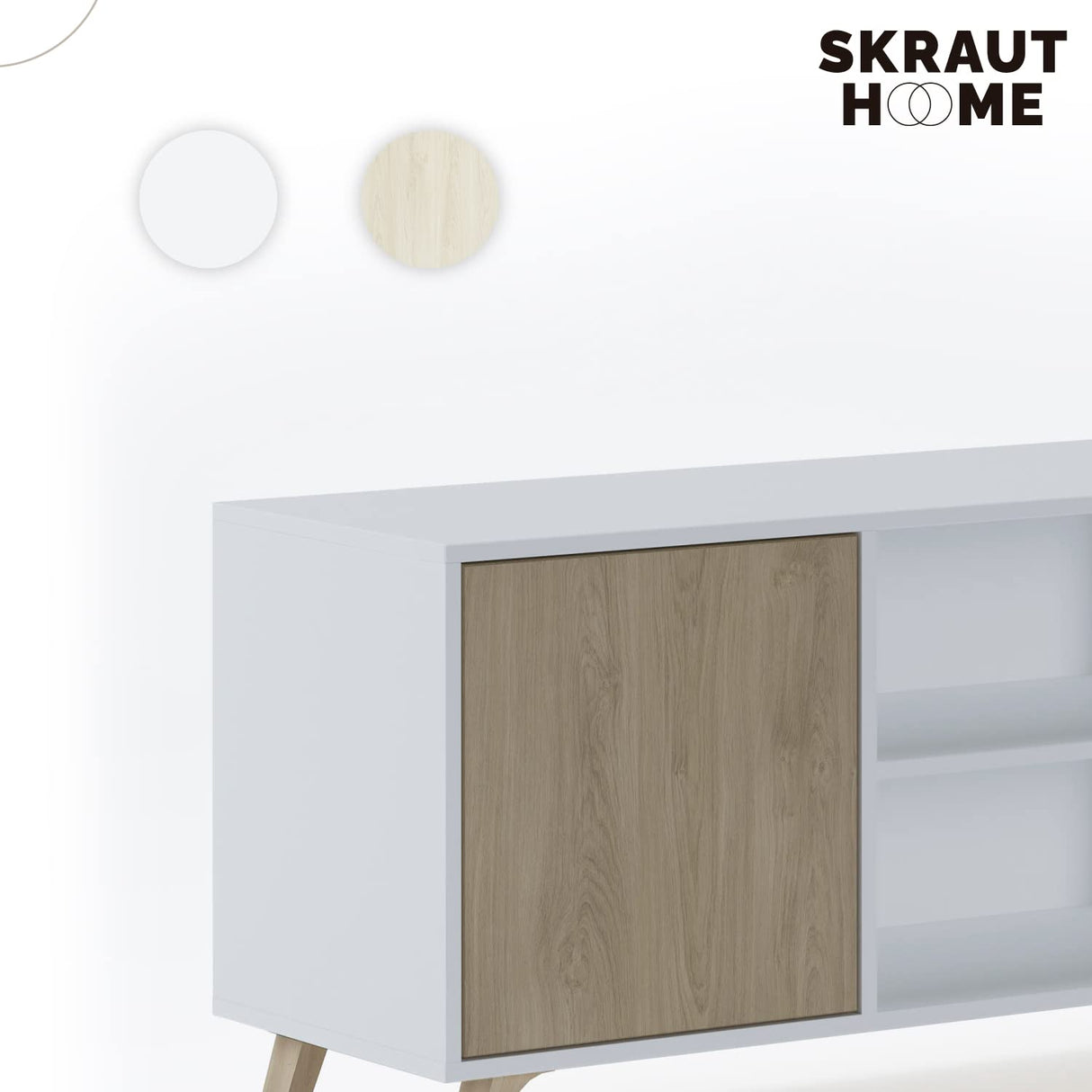 Skraut Home | Mueble de TV para Salón | 57 x 95 x 40 cm | Indicado para TV de 32/40" | Modelo Wind 100 | Blanco Mate/Roble