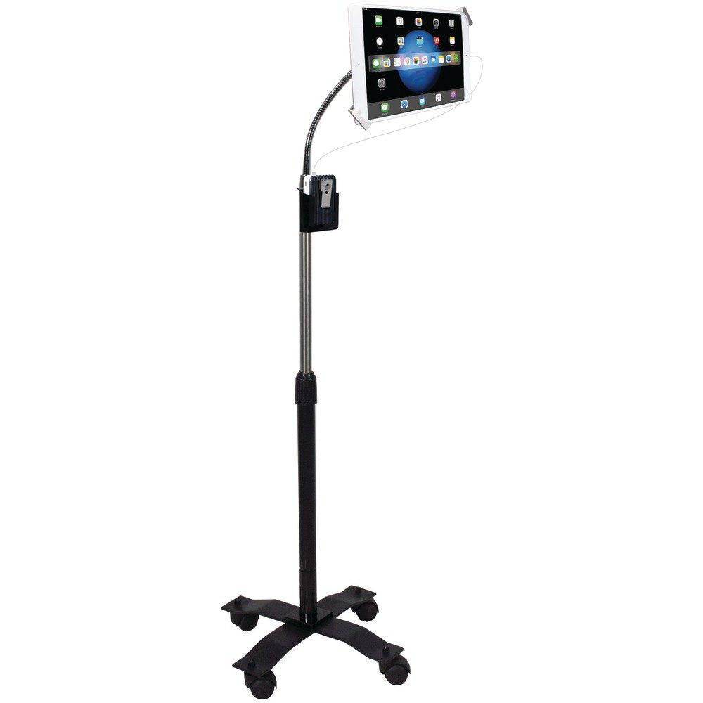 CTA Digital Soporte de Suelo Giratorio y Ajustable en Altura con Sistema de Seguridad, Cuello de Cisne, Ruedas acoplables para tabletas de 7 a 13 Pulgadas, Incluye iPad Pro y Mini