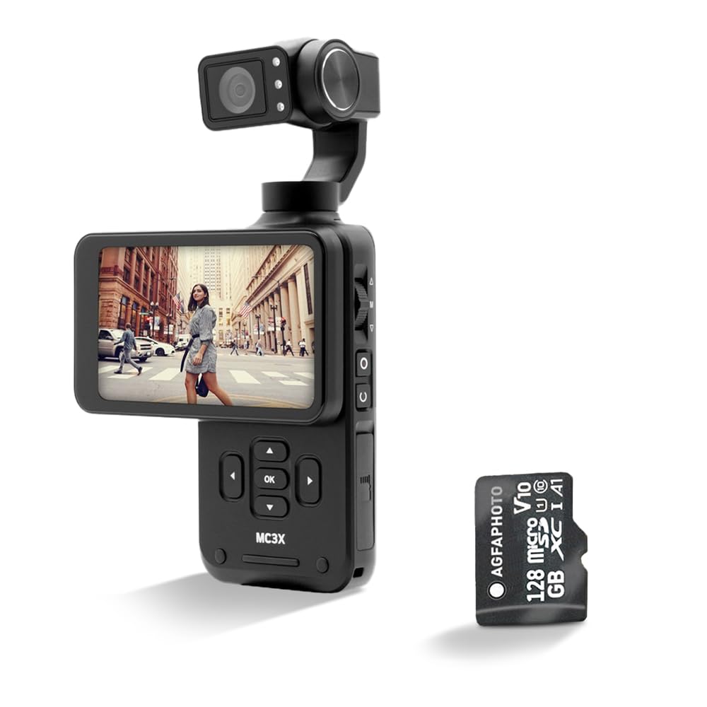 AgfaPhoto Realimove MC3X - Mini cámara estabilizada de 3 Ejes, vídeo Full HD, Pantalla LCD, conexión Wi-Fi, batería de Litio, Color Negro