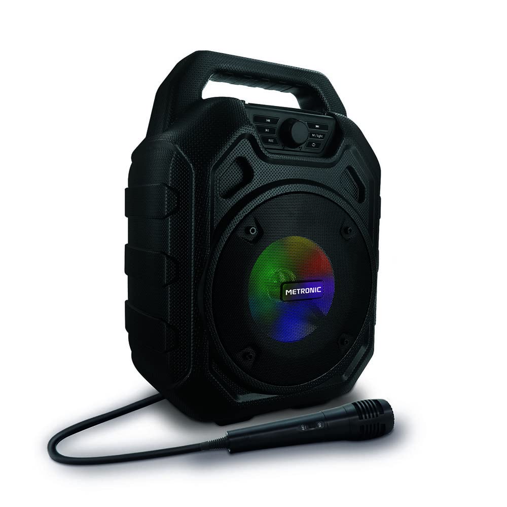 Metronic 477188 - Altavoz Bluetooth Potente 45W portatil, led Lights, toma USB, Micro-SD, AUX-IN, entrada para micrófono, micrófono incluido, radio FM, con asa ergonómica para fácil transporte