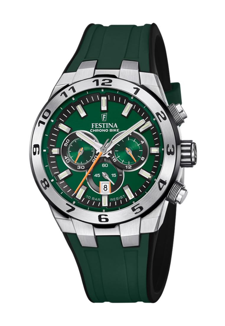 Festina Reloj Hombre F20671/2 Chrono Bike Caja de Acero Inoxidable 316l Plateado Correa de Caucho Verde