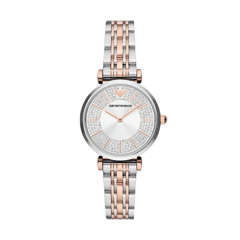 Emporio Armani Reloj de mujer, Movimiento de dos manecillas, 32MM 2T Caja de acero plateado/rosa con correa de acero, AR11537, Purpurina tono oro rosa y tono plata
