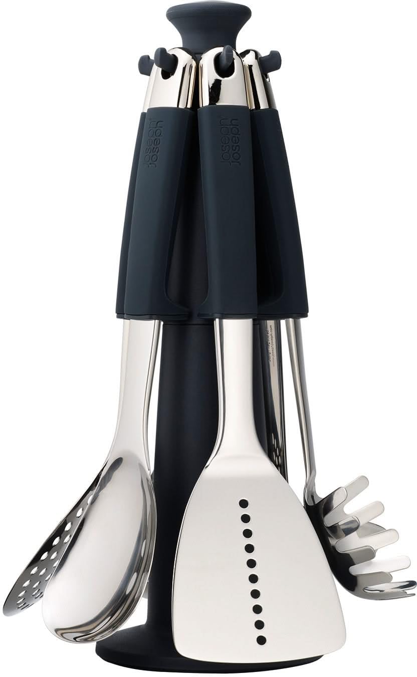 Joseph Joseph Elevate Juego de Utensilios de Cocina 6 Piezas con Soporte Giratorio, Mangos de Silicona Ergonómicos, Acero Inoxidable