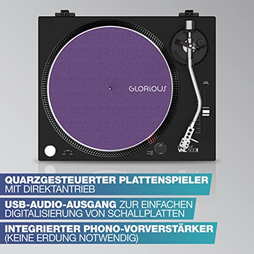 Glorious VNL-500 tocadiscos de accionamiento directo para DJ o Hifi con salida USB para grabación digital, selección de velocidad 33/45, rango de paso ajustable, carcasa, cartucho y cubierta antipolvo