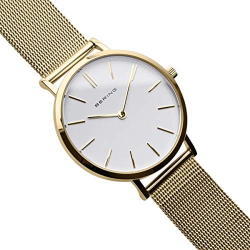 BERING 14134-331 Reloj de cuarzo para mujer con caja de acero inoxidable de 34 mm con acabado dorado y esfera blanca, correa milanesa, cristal de zafiro y resistencia al agua de 3 ATM