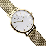 BERING 14134-331 Reloj de cuarzo para mujer con caja de acero inoxidable de 34 mm con acabado dorado y esfera blanca, correa milanesa, cristal de zafiro y resistencia al agua de 3 ATM