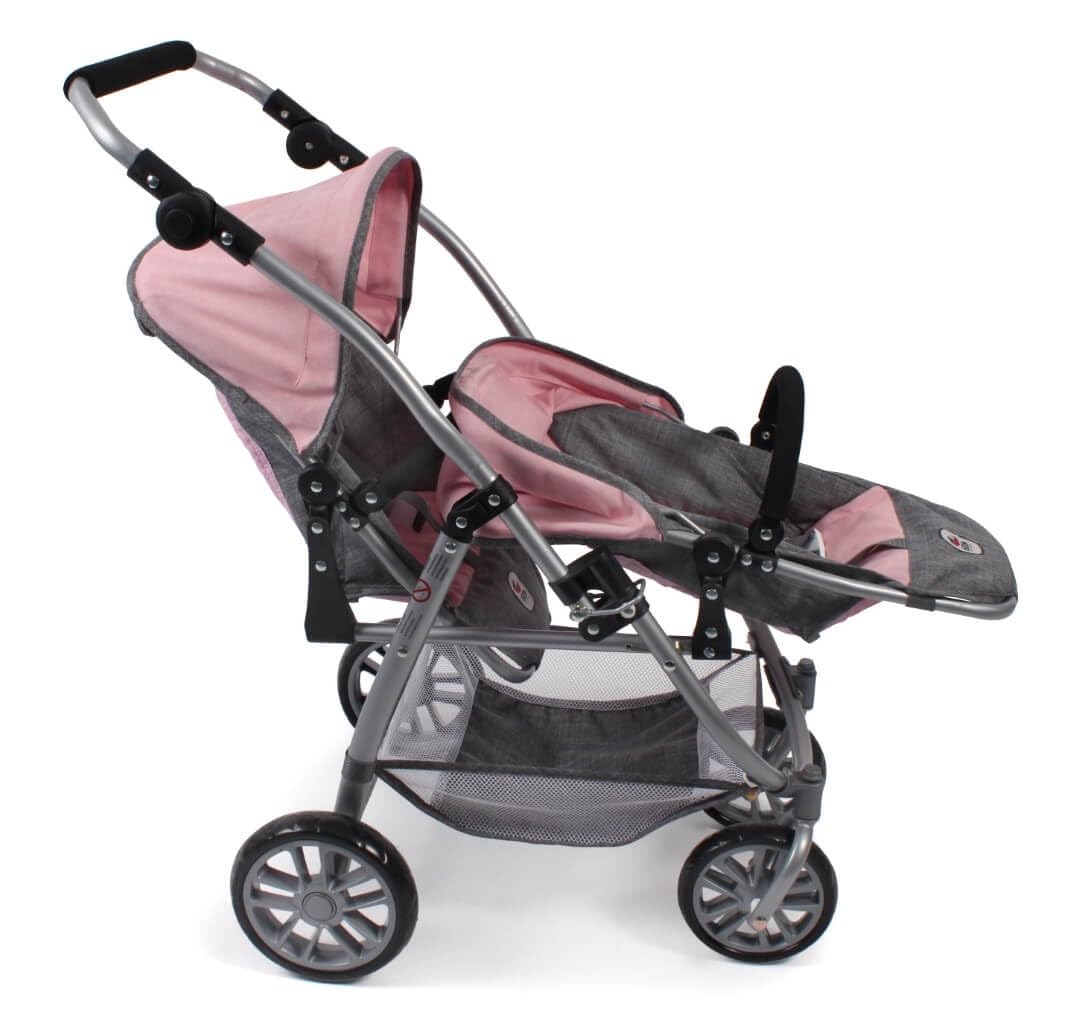 Tandembuggy Vario - Cochecito Doble para Dos muñecas, para niños de 4 a 8 años, Color Gris y Rosa