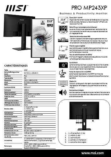 MSI Pro MP243XP Monitor de Oficina Full HD de 23,8'', Panel IPS 1920 x 1080, 100 Hz, Pantalla Agradable a la Vista, Montaje VESA, Altavoces Integrados, Soporte Kit de Pantalla, HDMI 1.4, DP 1.2a