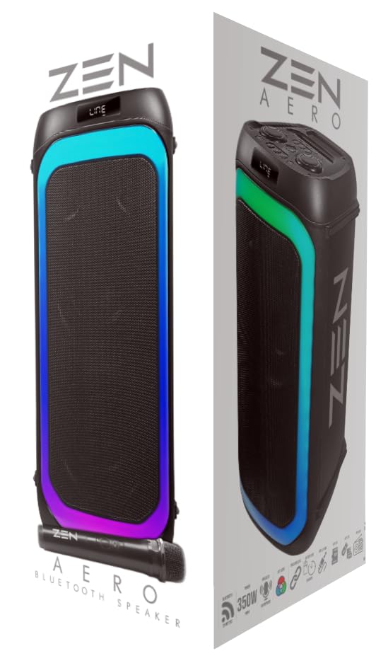 Altavoz portátil Bluetooth Zen Aero Potente de 350W, 10H de batería, luces LED RGB. Altavoz Grande con TWS, Aux in, USB, entrada de micrófono, y micrófono inalámbrico, con radio FM y con gran potencia