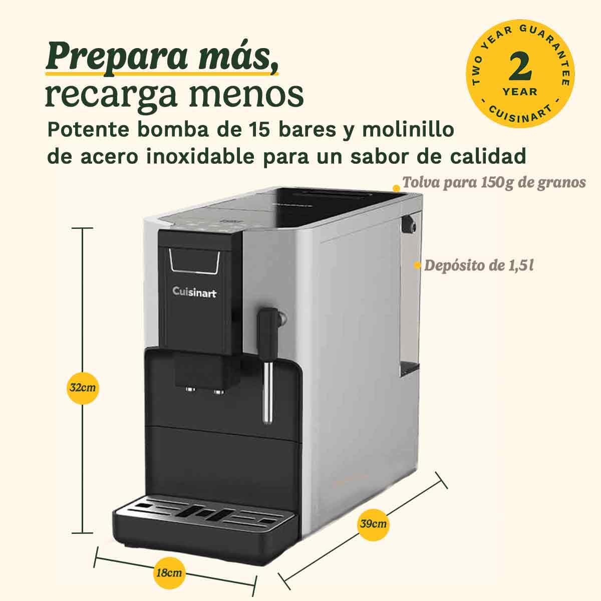 CUISINART Máquina de Café Automática;4 cafés con un toque: Espresso, Americano, Cold Brew;Espumador integrado;Grano a taza;Base ajustable;Botón de Favoritos, Gris
