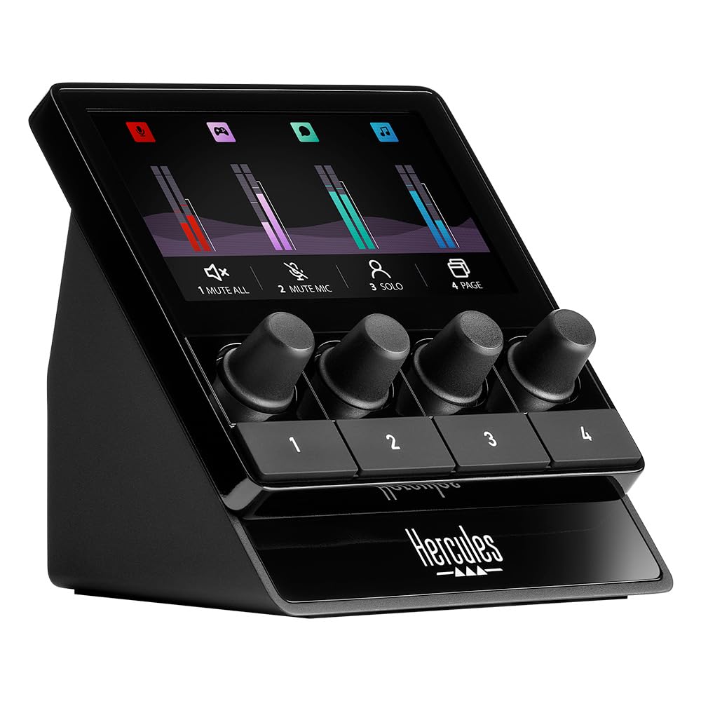 Hercules Stream 100, Controlador de Audio Intuitivo para Gestionar Streaming en Vivo en Tiempo Real, Hasta 8 Pistas, Pantalla LCD, Codificadores de Alta resolución, 4 Botones de Acción