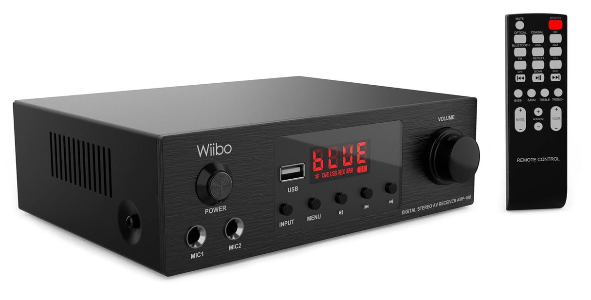Wiibo AMP 100 - Amplificador HiFi - Conexión Bluetooth - Entrada USB - Respuesta Lineal - Potencia 50W + 50W - 2 Entradas de Micrófono - Pantalla LED - Mando a Distancia - Equipo de Sonido