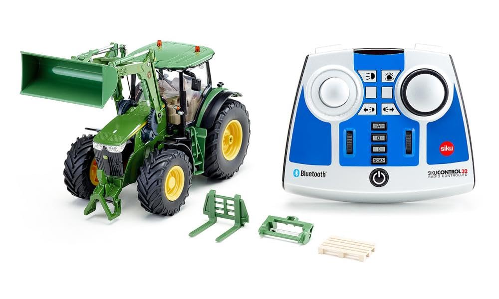 siku 6795, Tractor John Deere 7310R con cargador frontal, Verde, Metal/Plástico, 1:32, Teledirigido, Incl. mando a distancia bluetooth y accesorios, Control posible mediante app móvil