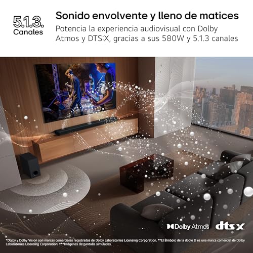LG S80TR - Barra de Sonido Inteligente, 580W Potencia y 5.1.3 Canales, Altavoces Dobles Traseros Inalámbricos, 3 Altavoces Verticales, Sonido Envolvente Dolby Atmos y DTS:X, Hi-Res 24bits/96kHz