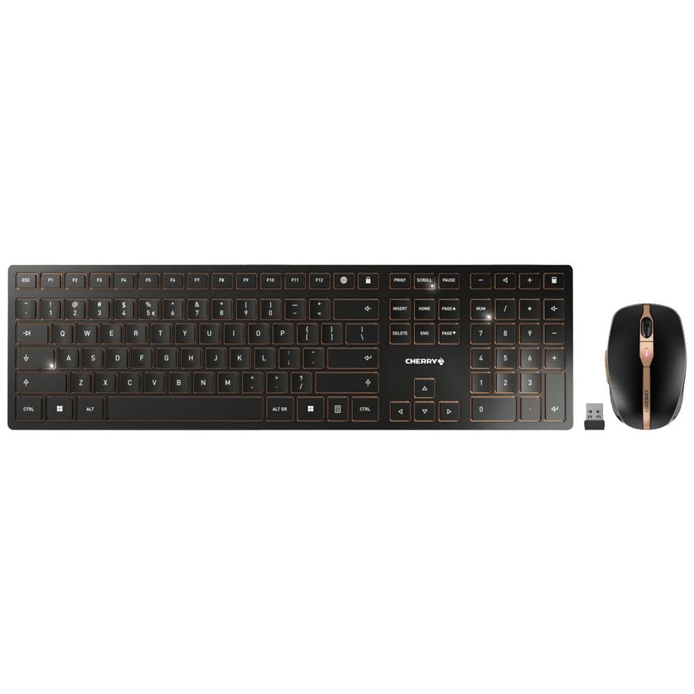 CHERRY DW 9100 SLIM, Pack de Teclado y Ratón Inalámbricos, Distribución de Teclado Europeo (QWERTY), Bluetooth y Radiofrecuencia de 2,4 GHz, Teclas Silenciosas, Recargable, Negro/Bronce