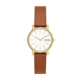 Skagen Signatur Lille Reloj para mujer, Movimiento de cuarzo a dos agujas en tono dorado con correa de acero o piel, 30 mm, Marrón Y Blanco