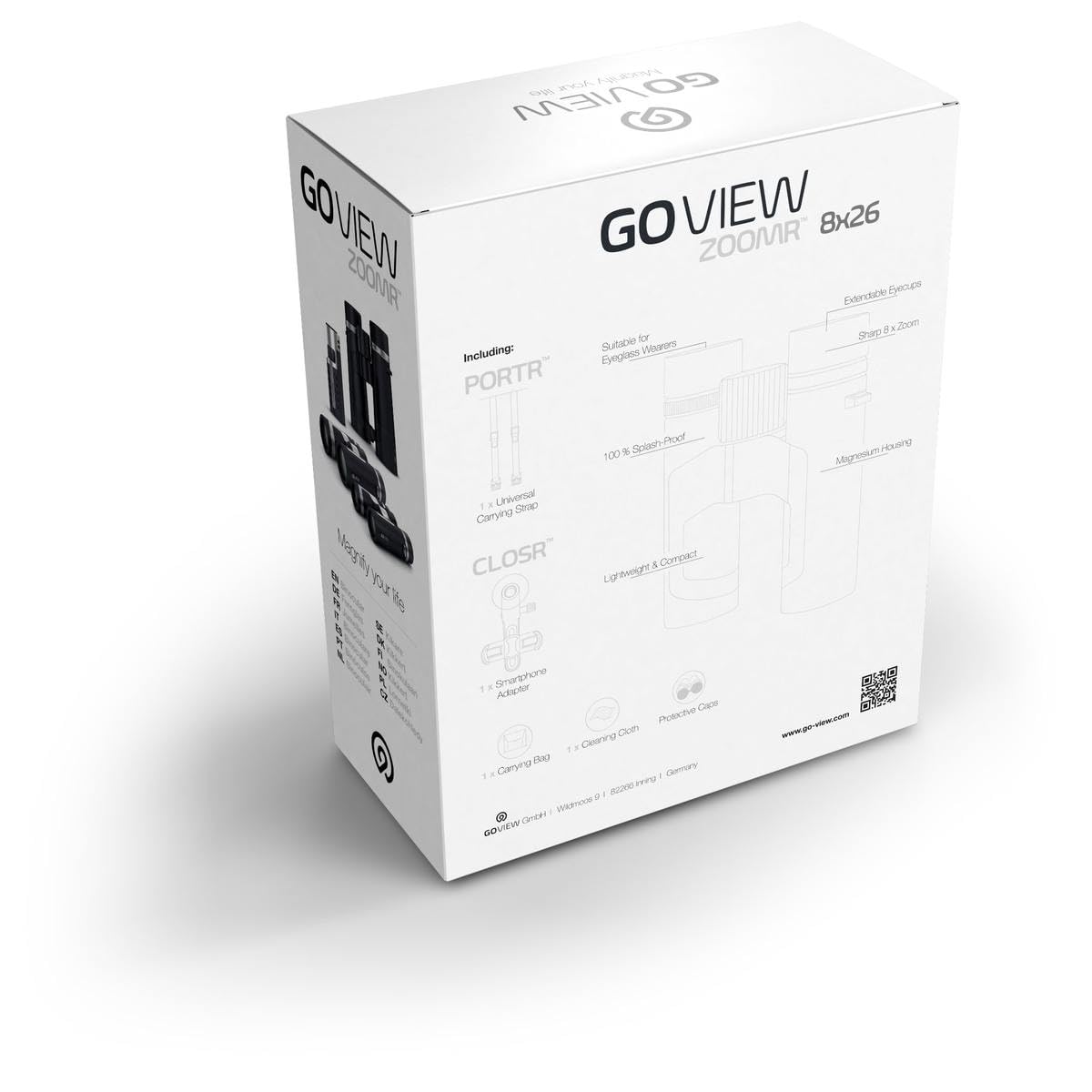 GoView ZOOMR 8x26 prismáticos pequeños y Ligeros (Aumento de 8X, Carcasa de magnesio, Incluye Adaptador para Smartphone y Accesorios) Phantom Negra
