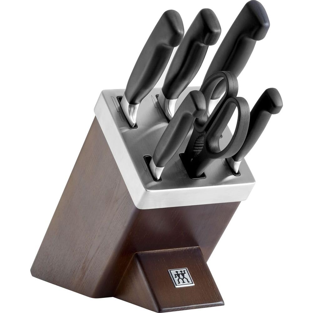 ZWILLING Bloque de cuchillos auto-afilables, 7 piezas, bloque de madera, cuchillos y tijeras con mango especial de acero inoxidable/plástico, Four Star